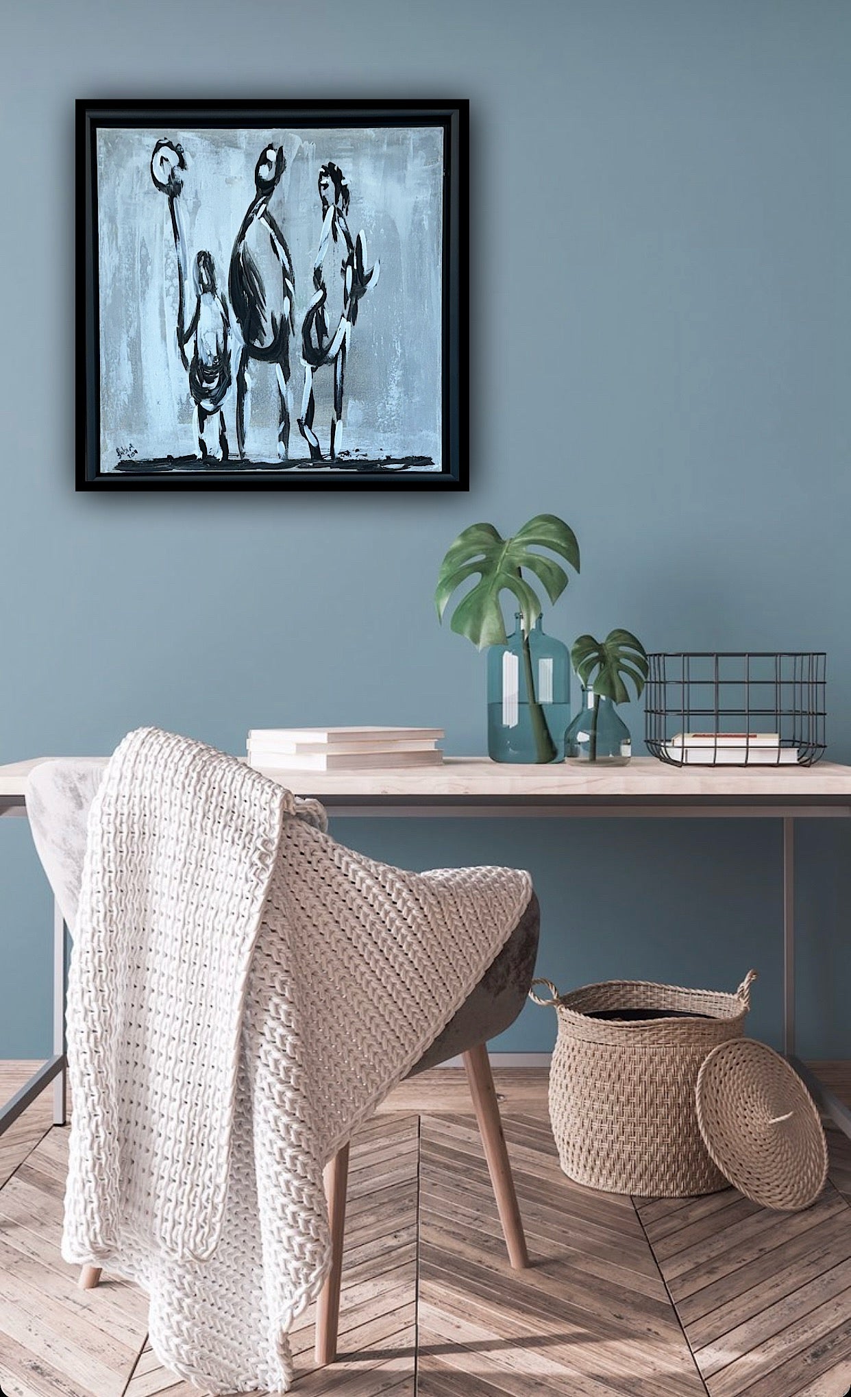 Framed in black Figurative Modern Abstract contemporary oil Painting On Canvas 42 x 42cm family