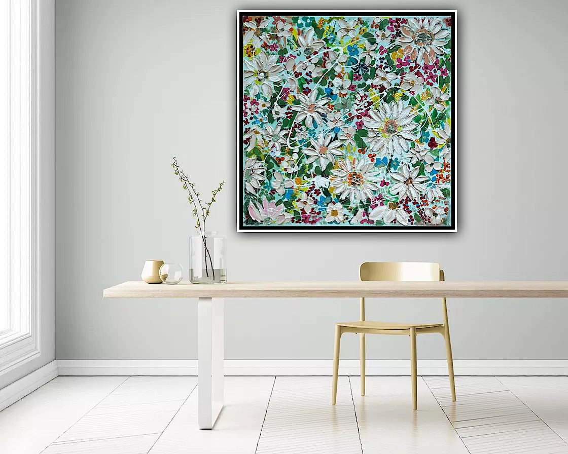 Framed Original Abstract Oil Painting On Canvas 80x80cm Daisies & more Flowers Textured