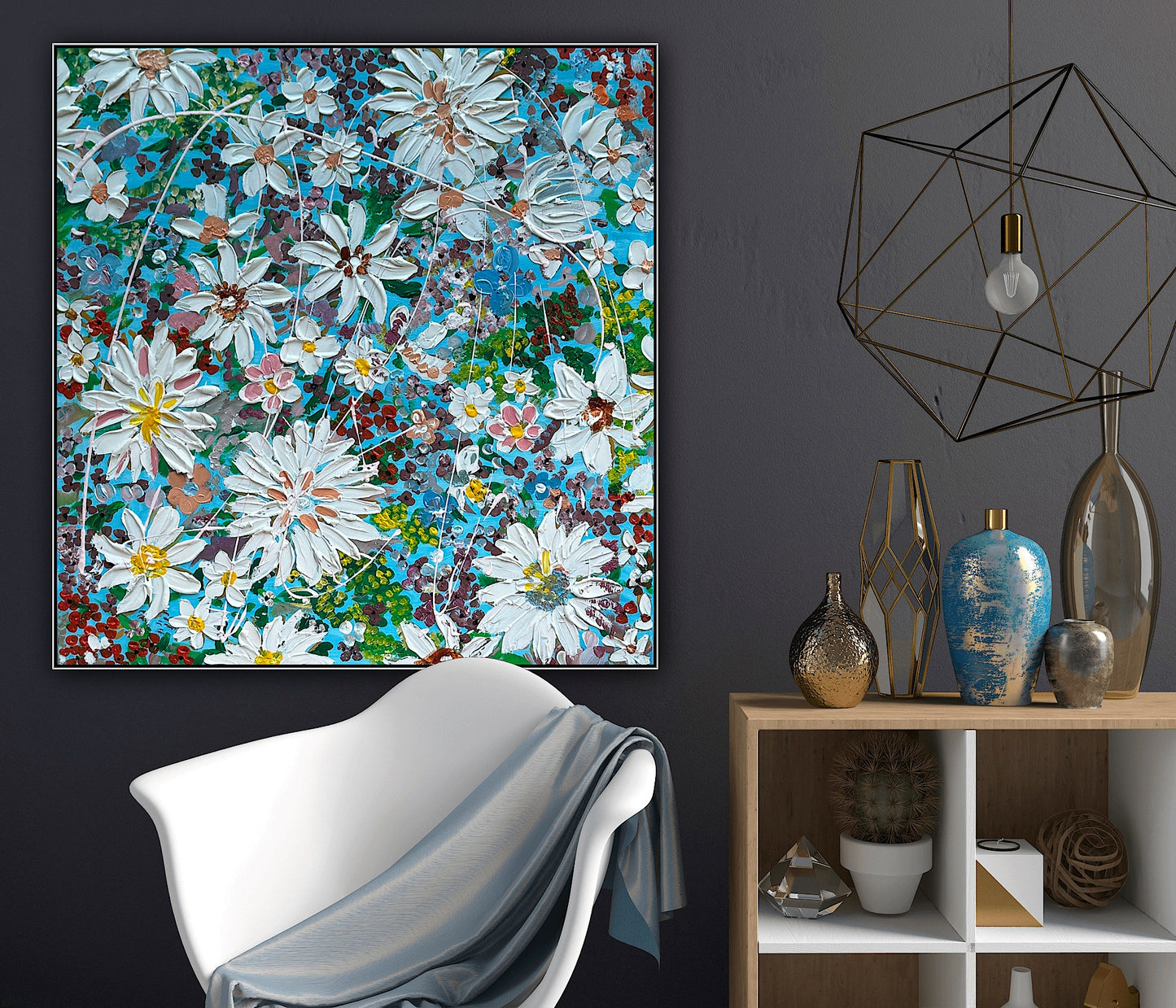 Original Abstract Oil Painting On Canvas 90 x 90cm Flowers in bloom textured framed