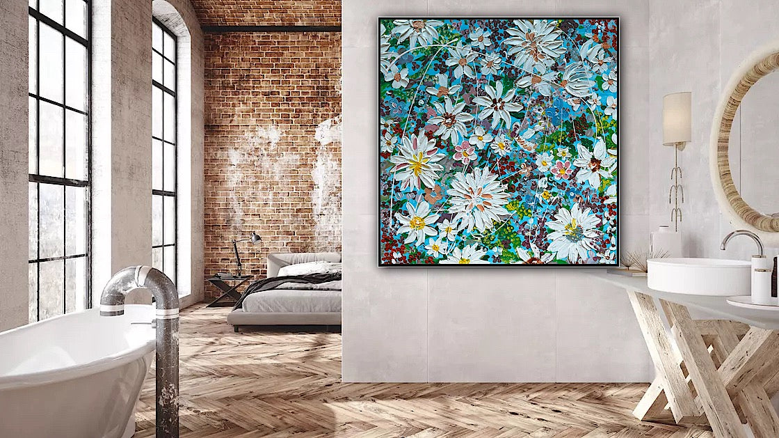 Original Abstract Oil Painting On Canvas 90 x 90cm Flowers in bloom textured framed