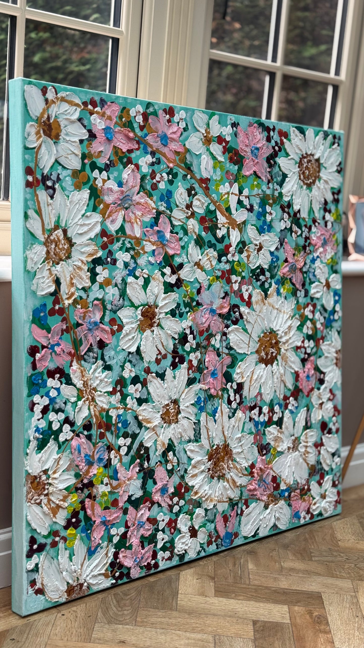 Original Abstract Oil Painting On deep edge Canvas 100x100cm Daisies & more Flowers Textured