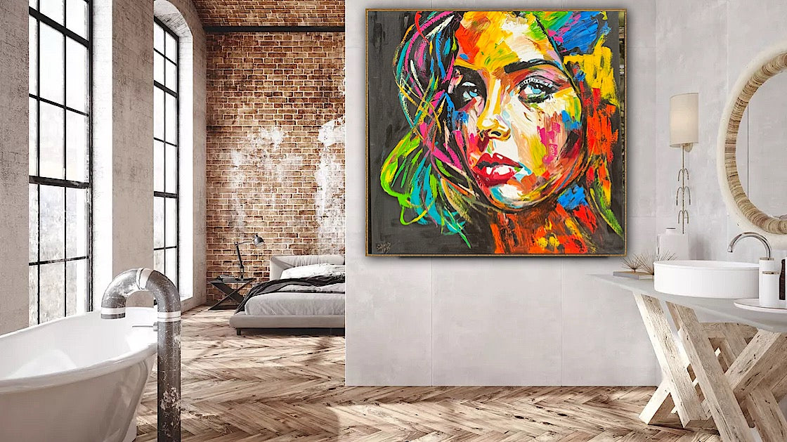 Modern Style Abstract Original Oil Painting On 100 x 100cm canvas Pillow talk woman portrait framed in black and gold frame