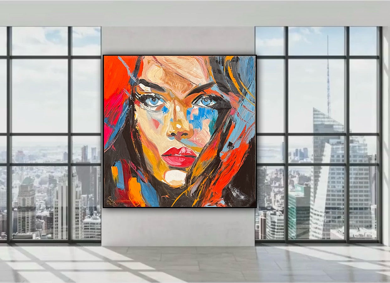 Richter Style Abstract Original Oil Painting On 100 x 100cm canvas Blue eyes woman portrait