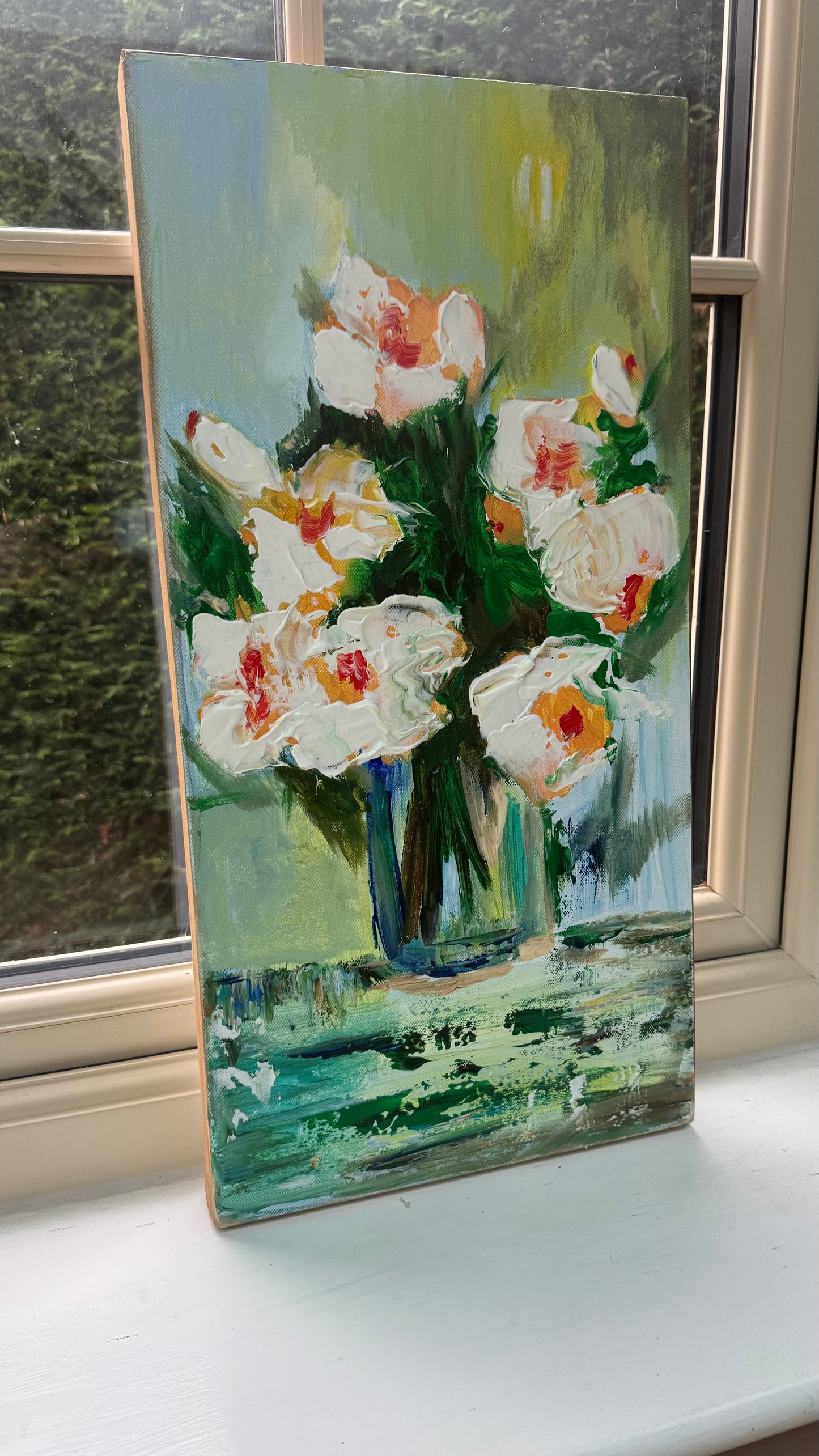 Oka Contemporary Abstract Original Oil Painting on 30cm x 60cm canvas textured White Roses floral love