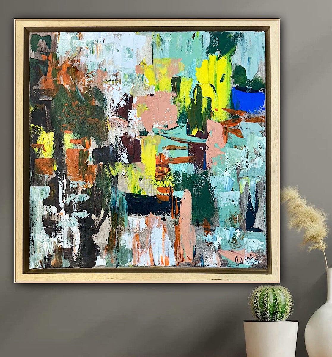 Framed Original Abstract Oil Painting On Canvas 52 x 52cm city lights Oka