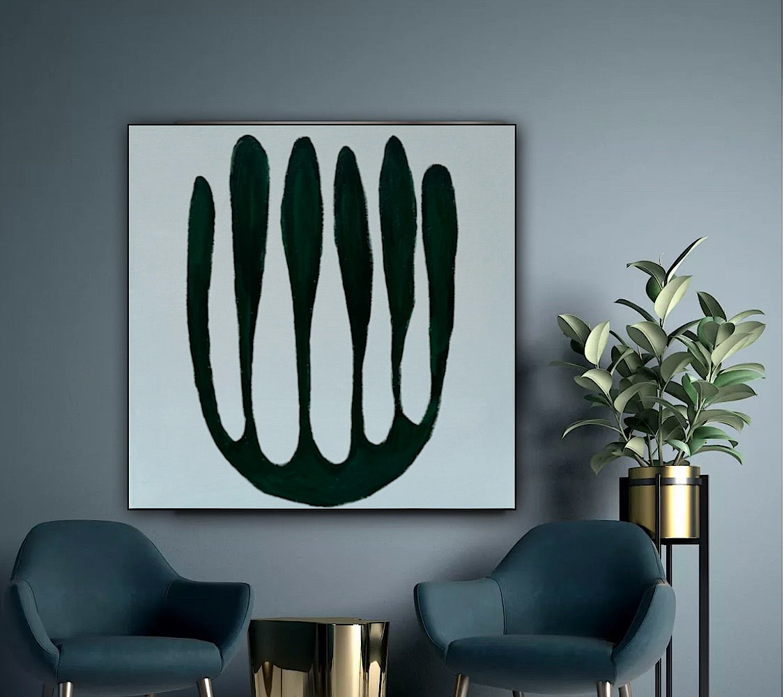 Eferi Plant Green & White Modern Abstract oil Painting On Canvas 40x40cm In Oka floral