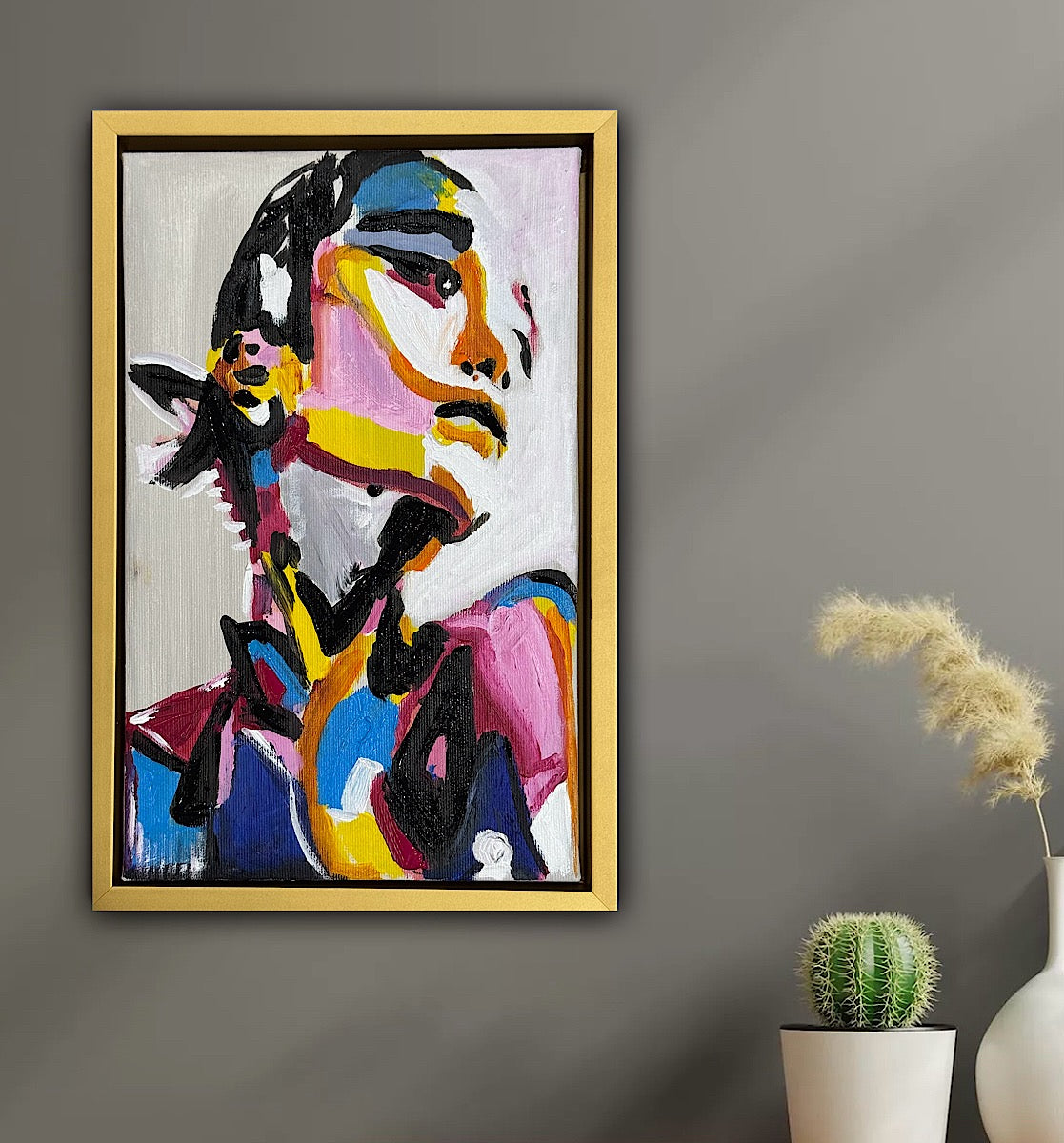 Framed in gold bronze Original Abstract Oil Painting On Canvas 36 x 24cm The Silent phoenix’ Girl Oka portrait