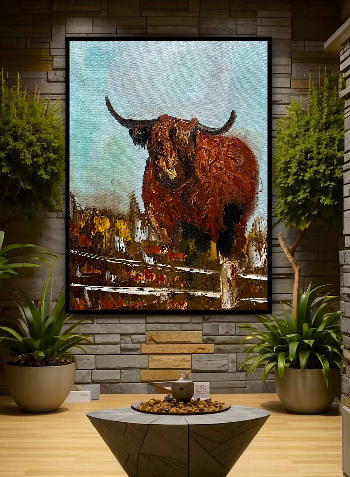 Abstract Original Oil Painting On 30 x 40cm Canvas Aboriginal highland cow ‘Bernie’ animal