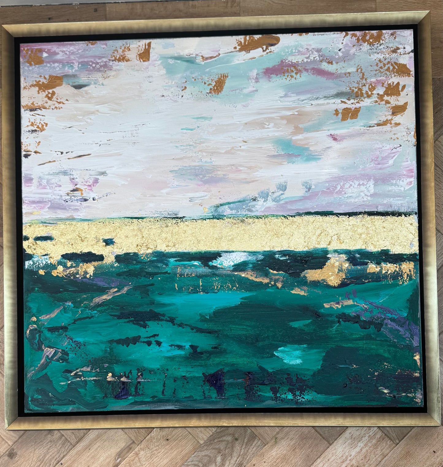Framed in antique gold Textured Original Abstract Oil Painting On Canvas 70x70cm Seascape with gold leaf