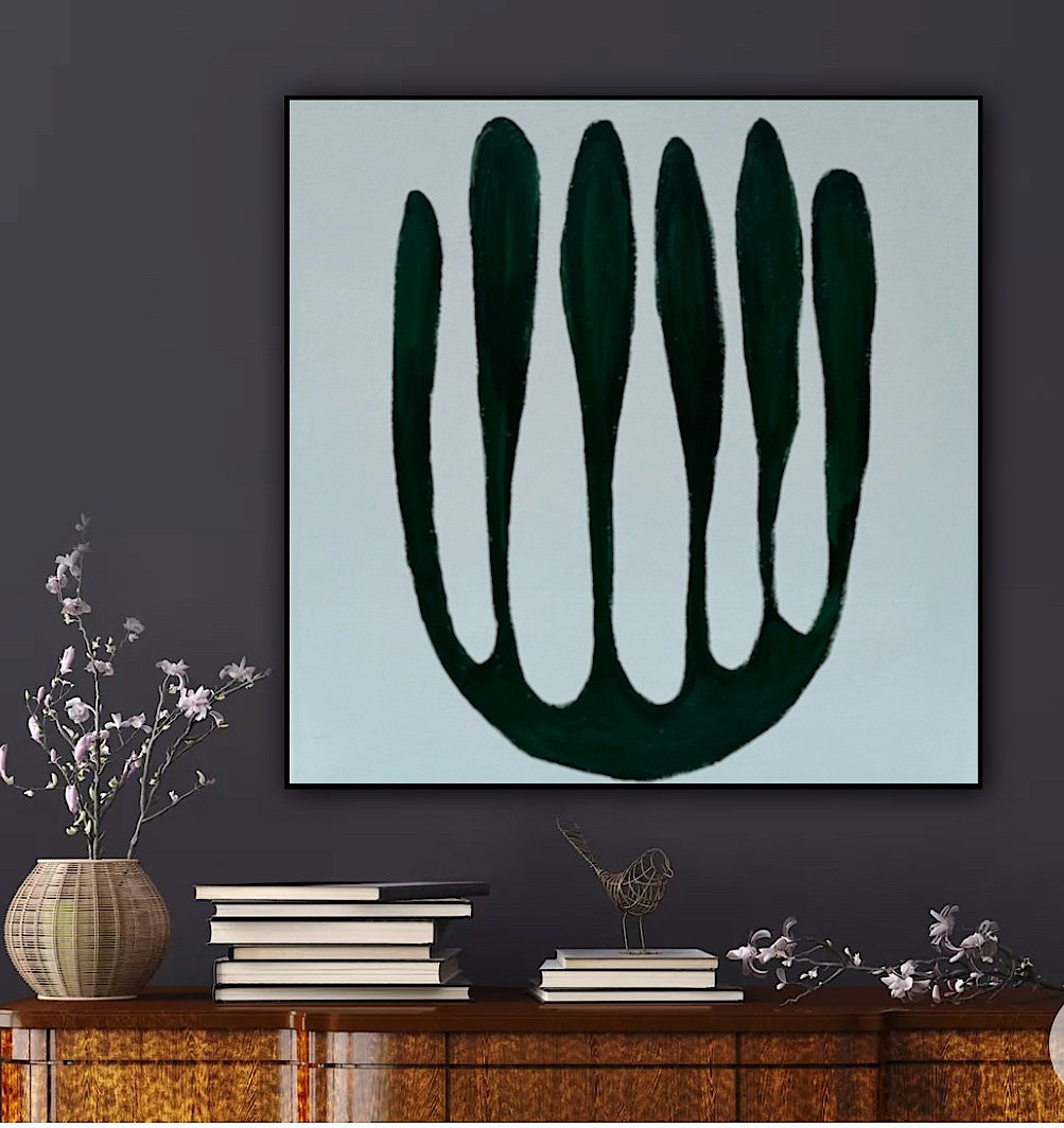 Eferi Plant Green & White Modern Abstract oil Painting On Canvas 40x40cm In Oka floral