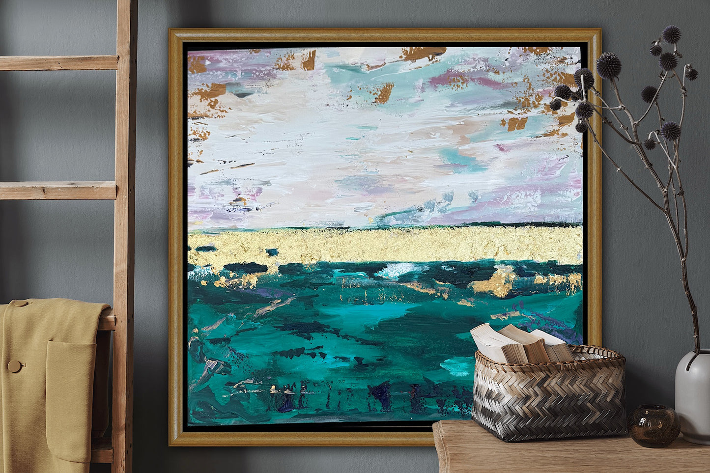 Framed in antique gold Textured Original Abstract Oil Painting On Canvas 70x70cm Seascape with gold leaf