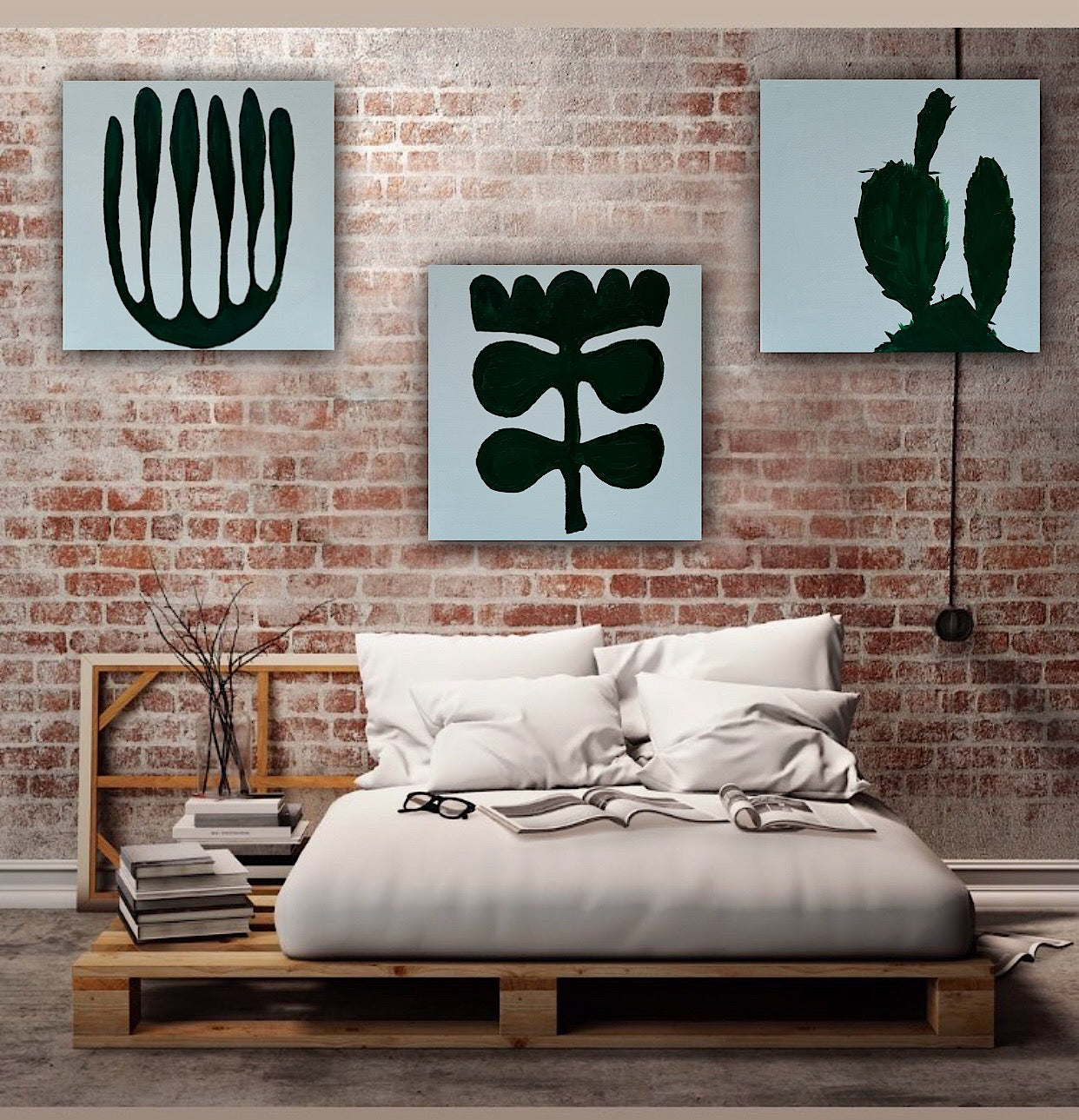 Eferi Plant Green & White Modern Abstract oil Painting On Canvas 40x40cm In Oka floral