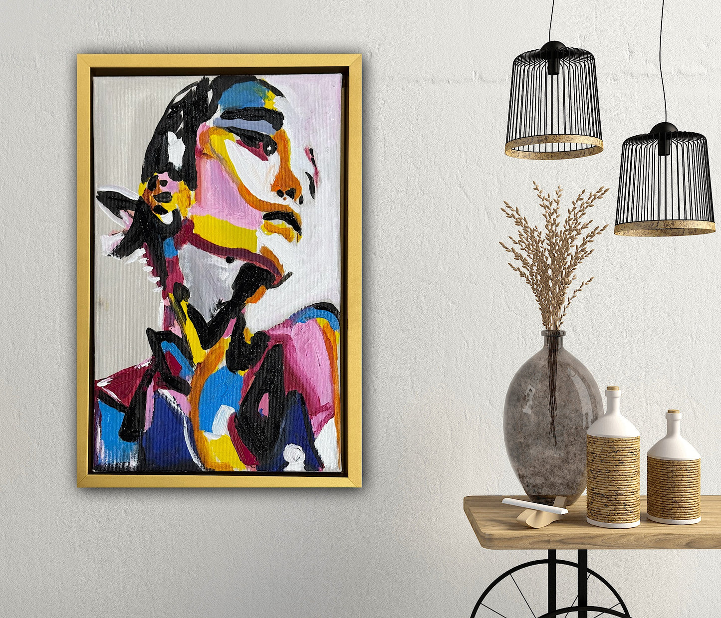 Framed in gold bronze Original Abstract Oil Painting On Canvas 36 x 24cm The Silent phoenix’ Girl Oka portrait
