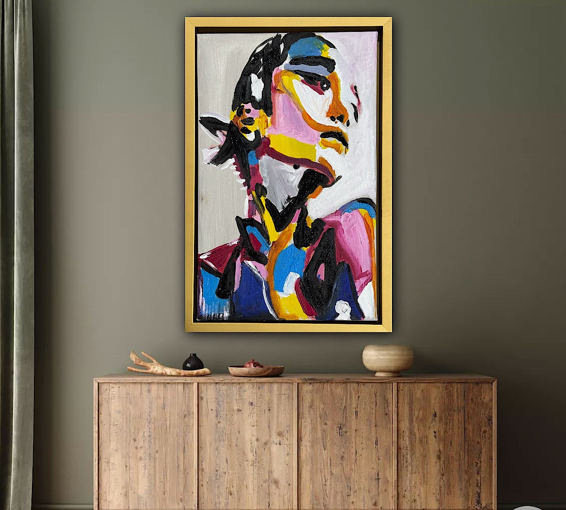 Framed in gold bronze Original Abstract Oil Painting On Canvas 36 x 24cm The Silent phoenix’ Girl Oka portrait