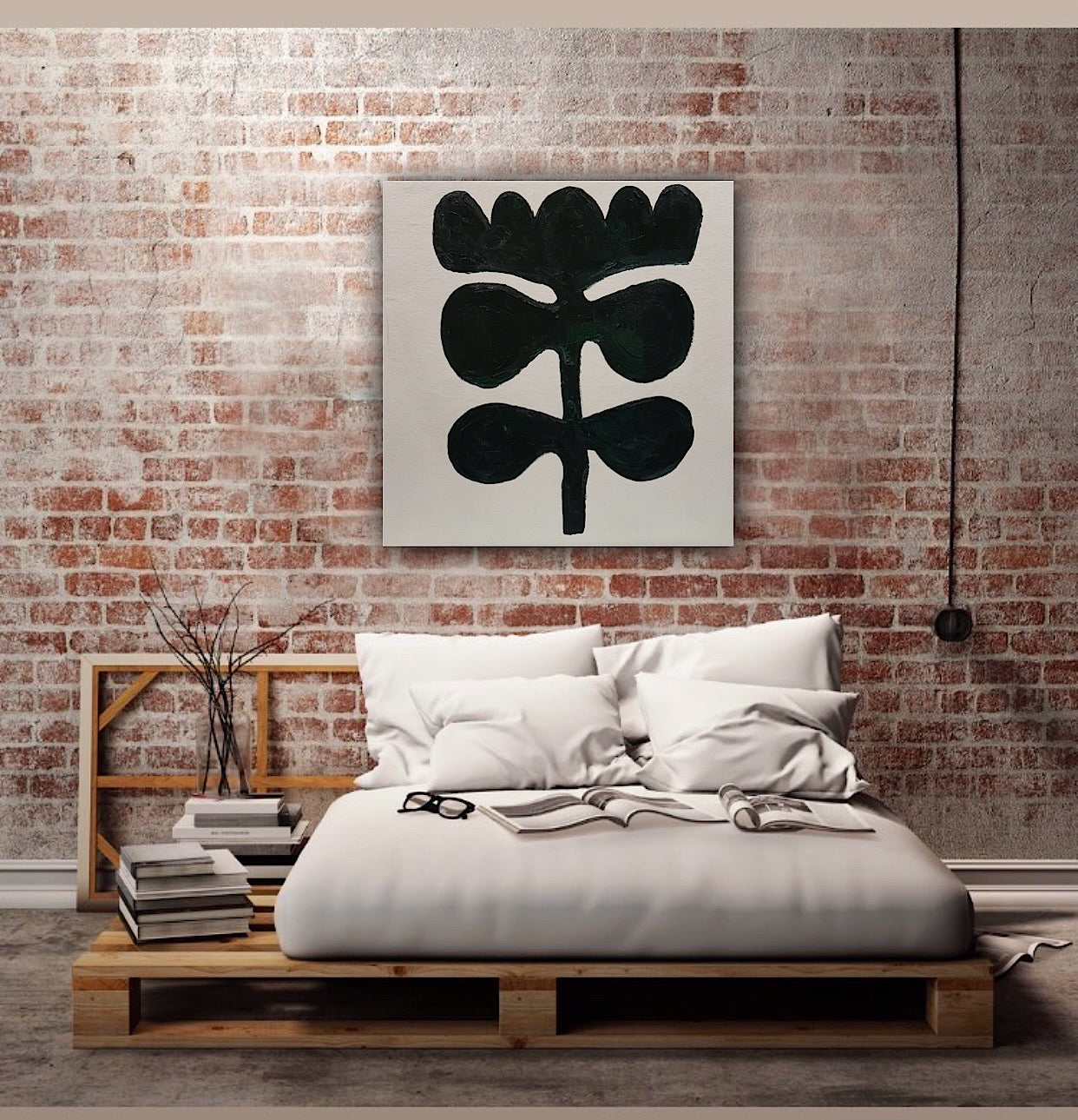 Eferi Plant II Green & White Modern Abstract oil Painting On Canvas 40x40cm In Oka floral