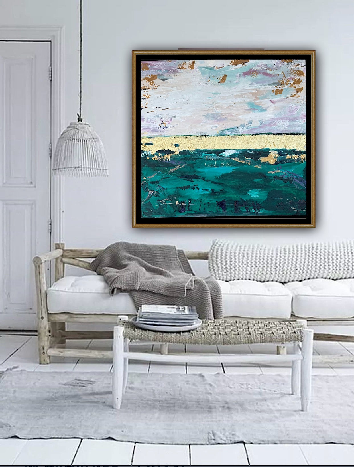 Framed in antique gold Textured Original Abstract Oil Painting On Canvas 70x70cm Seascape with gold leaf