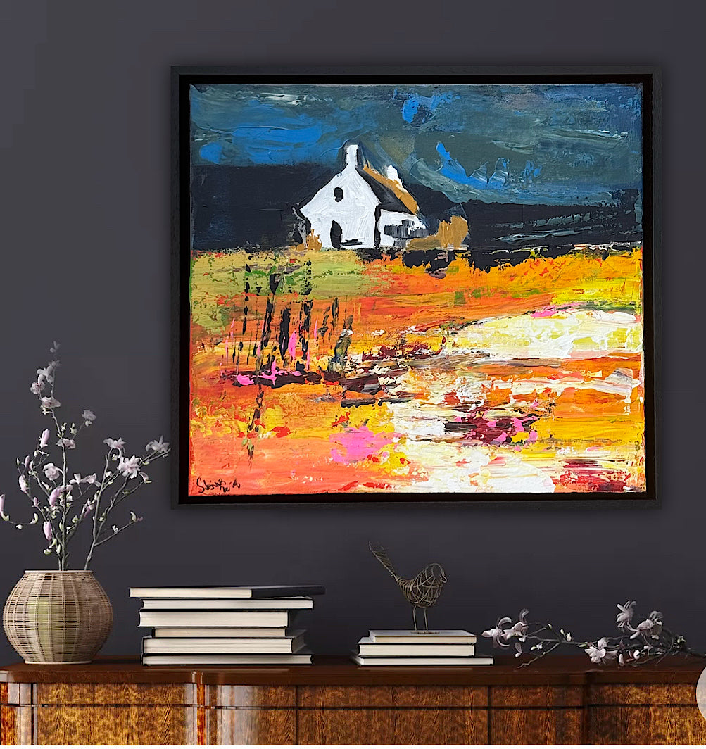 Framed Original Abstract contemporary Oil Painting On Canvas 43x40cm Magazine Irish House on a Hill Oka
