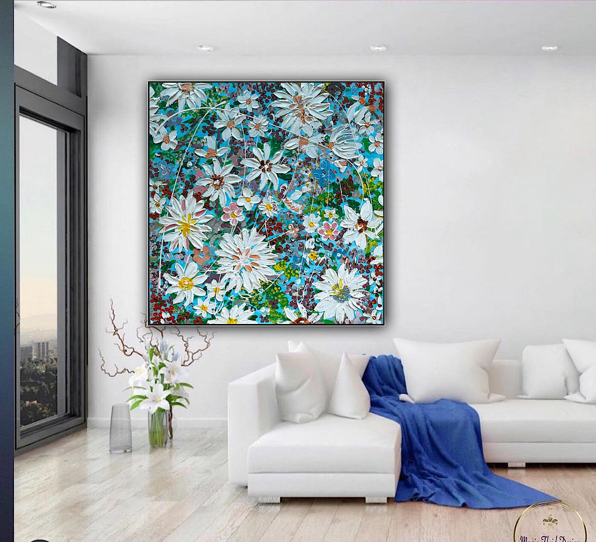 Original Abstract Oil Painting On Canvas 90 x 90cm Flowers in bloom textured framed