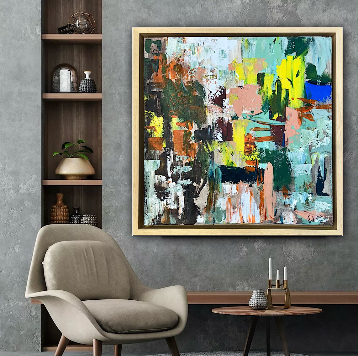 Framed Original Abstract Oil Painting On Canvas 52 x 52cm city lights Oka