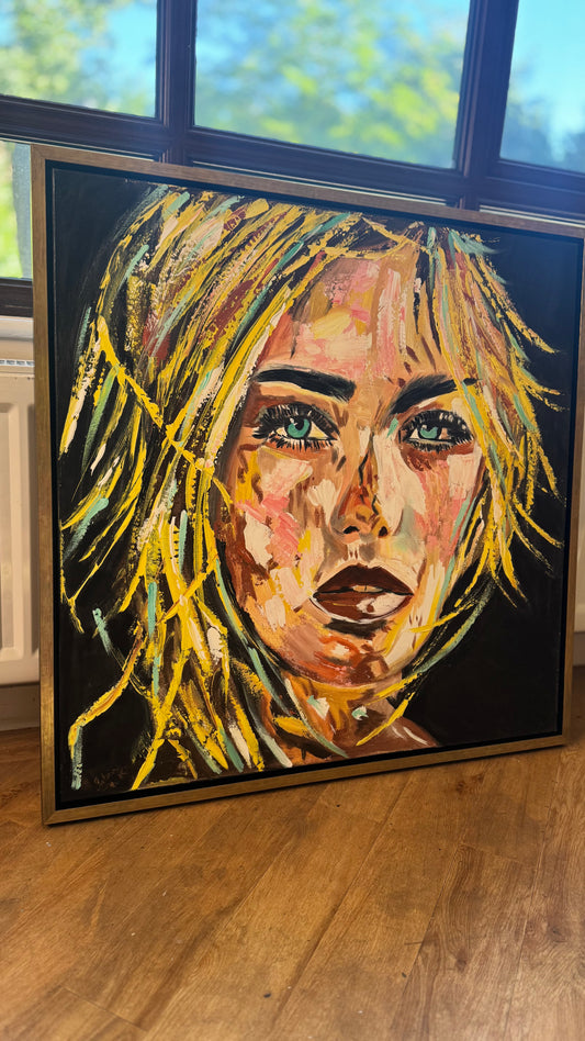 Contemporary Abstract Original Oil Painting On Canvas 90x90cm  Blond girl ‘Luna’ woman’s portrait Framed