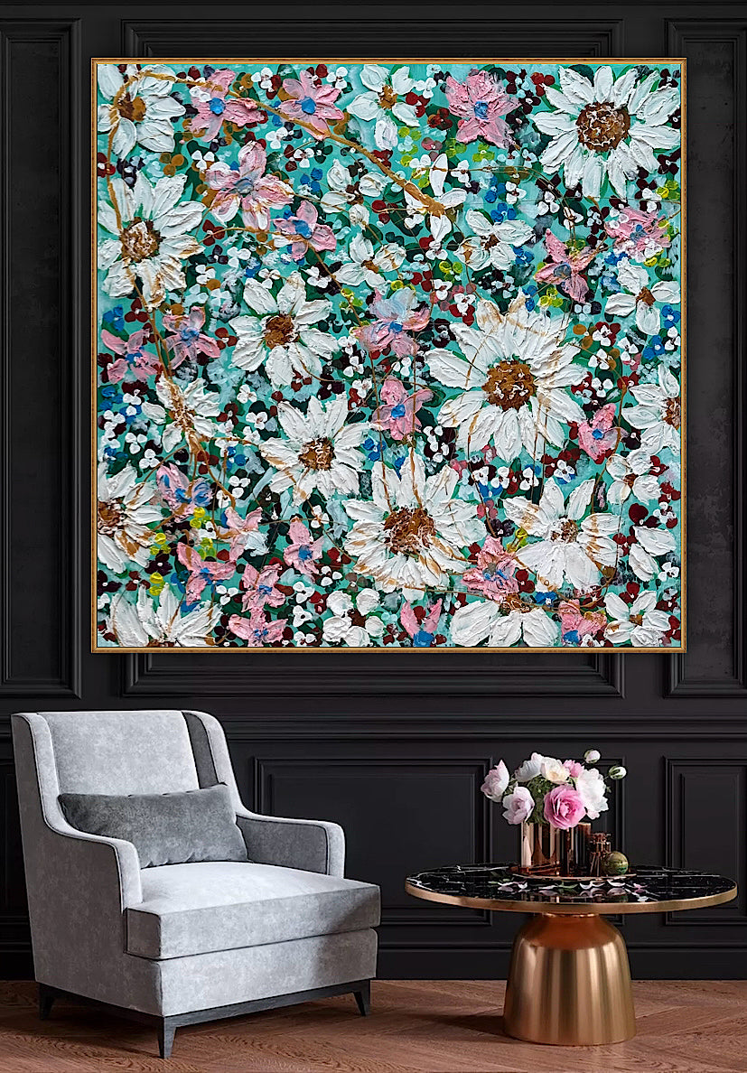 Original Abstract Oil Painting On deep edge Canvas 100x100cm Daisies & more Flowers Textured