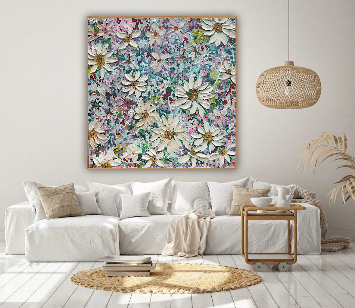 Original Abstract Oil Painting On deep edge Canvas 80x80cm Summer Flowers and more Flowers Textured