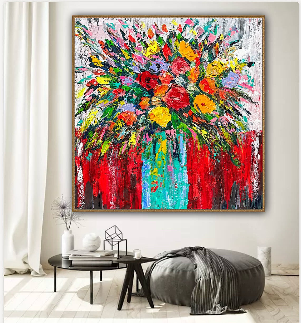 Original Abstract Oil Painting On 4cm Canvas 80 x 80cm Floral Sunflowers
