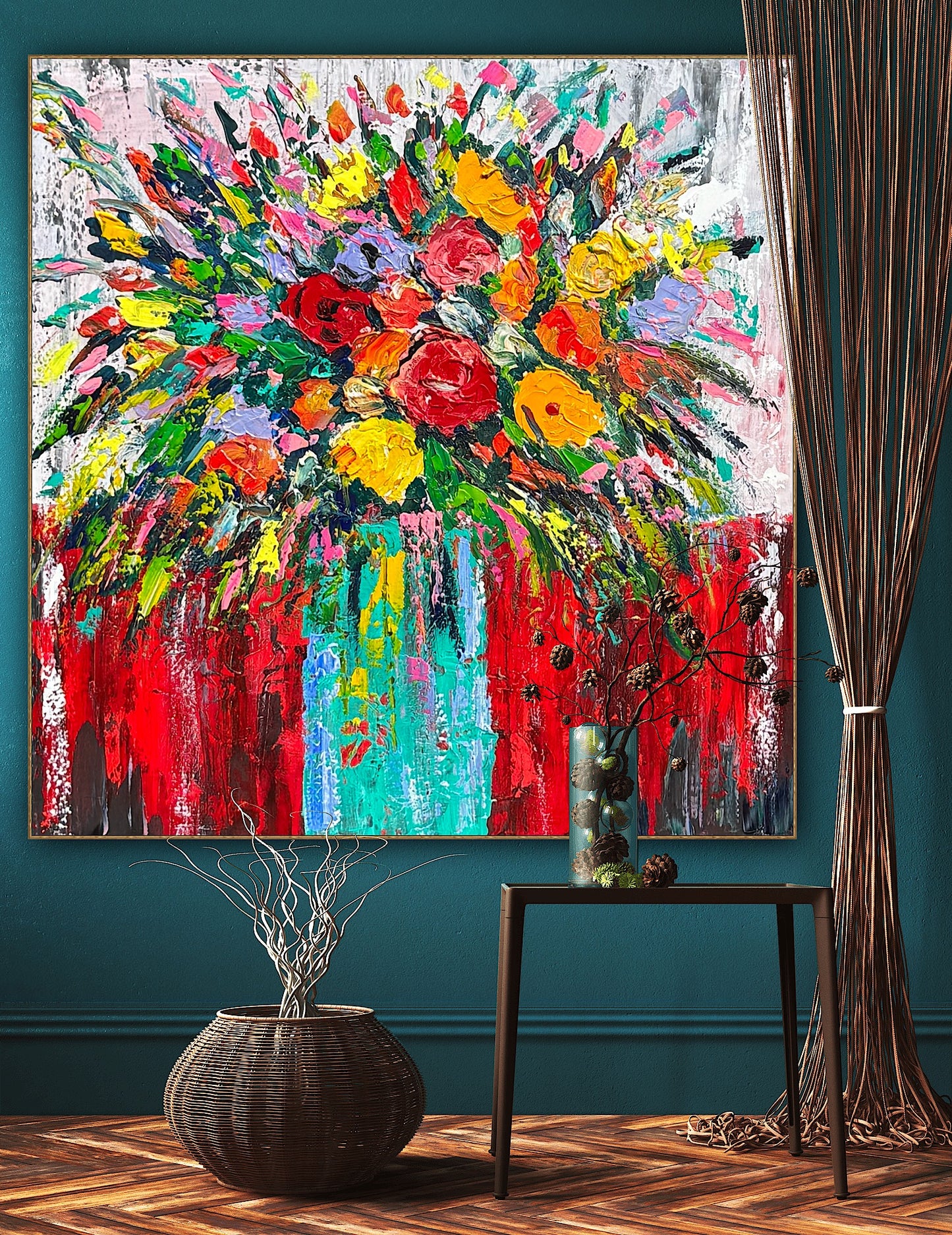 Original Abstract Oil Painting On 4cm Canvas 80 x 80cm Floral Sunflowers
