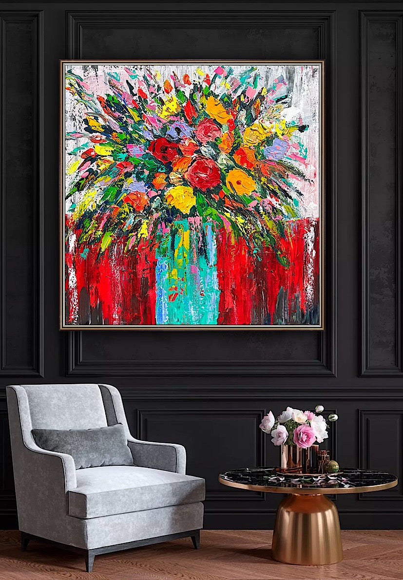 Original Abstract Oil Painting On 4cm Canvas 80 x 80cm Floral Sunflowers