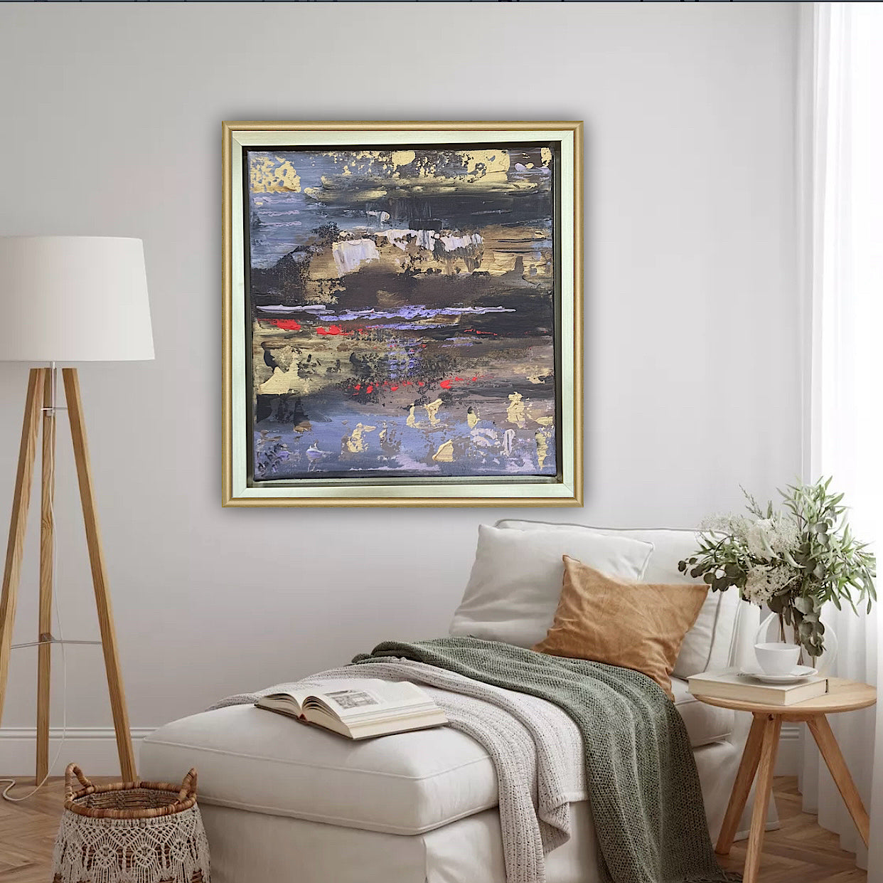 Framed Original Abstract contemporary Oil Painting On Canvas 35x35cm Sunset at lakes Oka