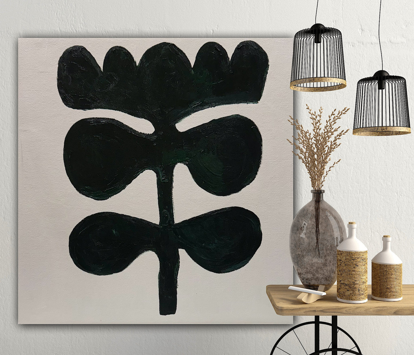 Eferi Plant II Green & White Modern Abstract oil Painting On Canvas 40x40cm In Oka floral