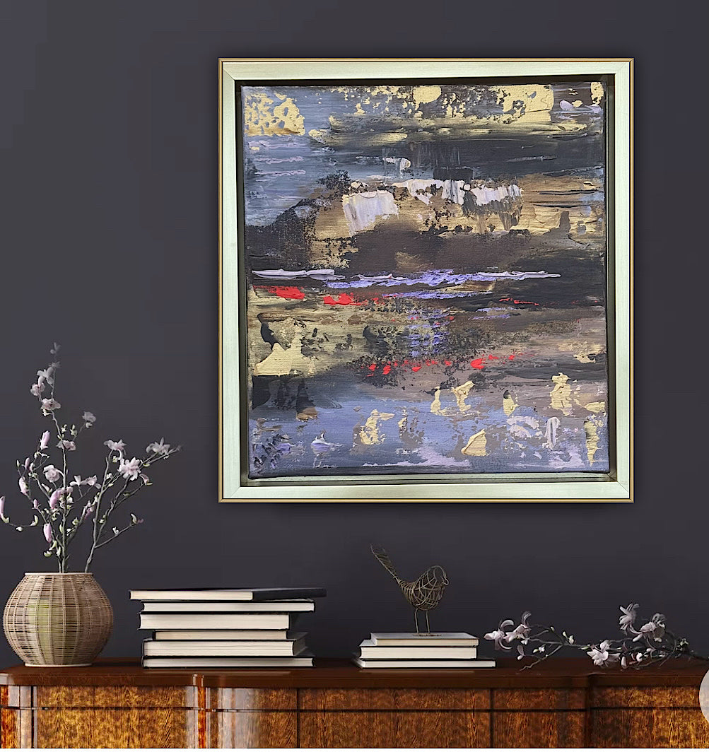 Framed Original Abstract contemporary Oil Painting On Canvas 35x35cm Sunset at lakes Oka