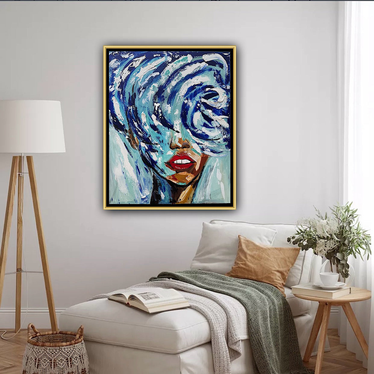 Large Abstract Original Oil Painting On 80x70cm canvas Waves Woman texture Vogue portrait framed in gold bespoke frame