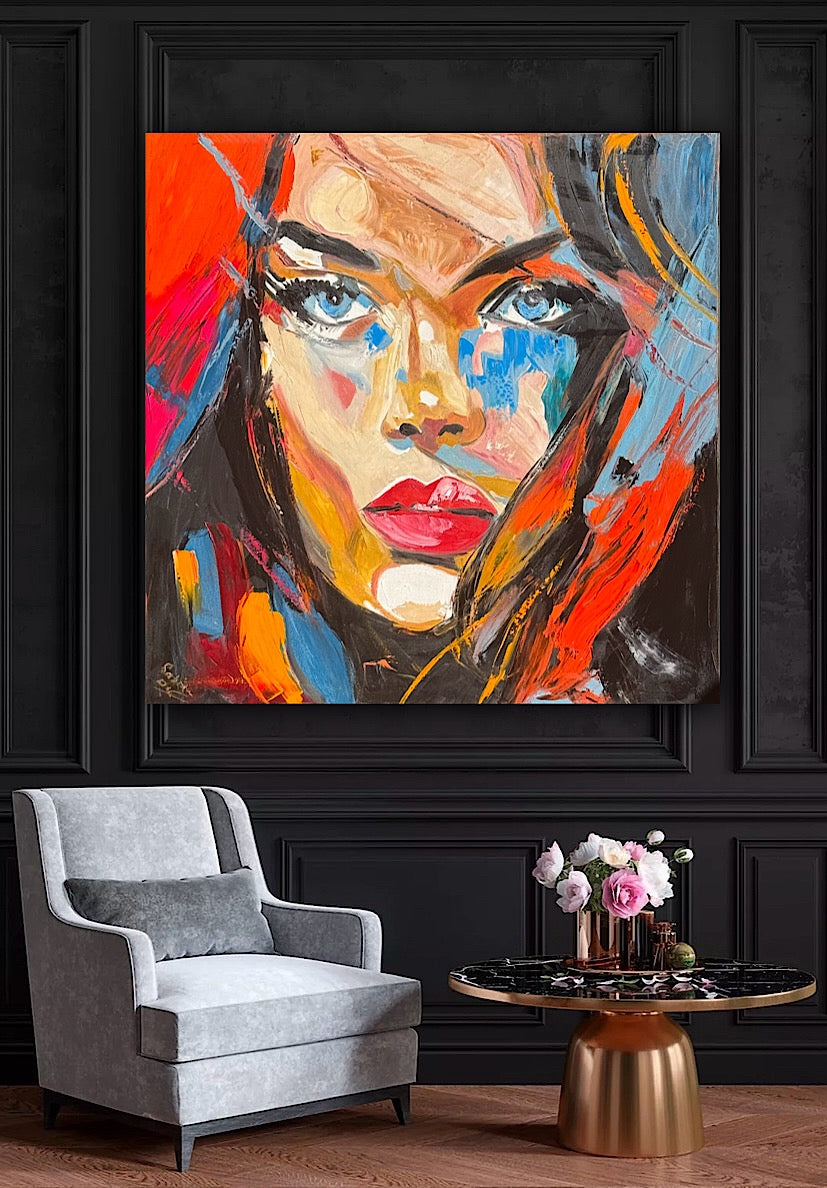 Richter Style Abstract Original Oil Painting On 100 x 100cm canvas Blue eyes woman portrait