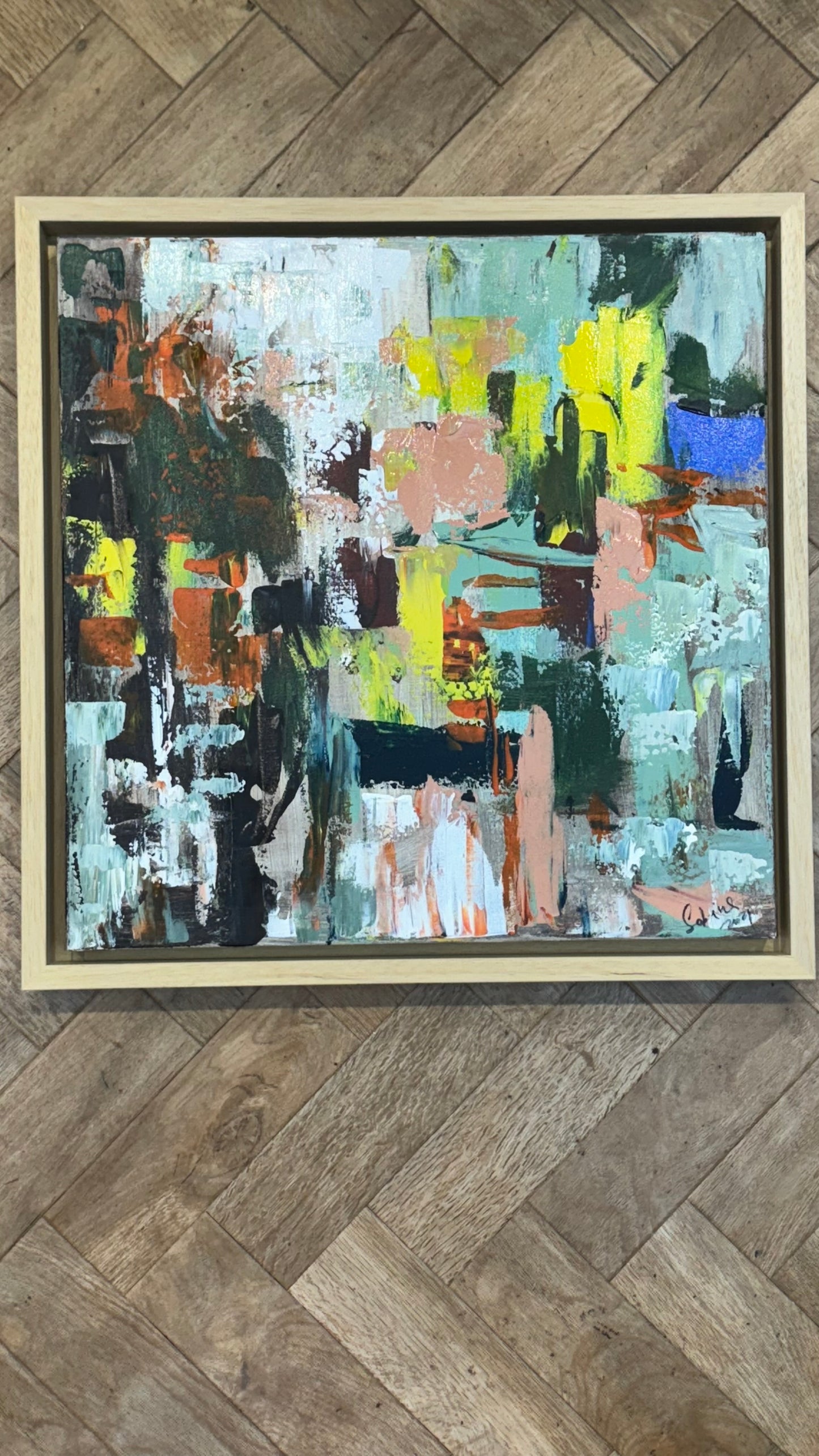 Framed Original Abstract Oil Painting On Canvas 52 x 52cm city lights Oka
