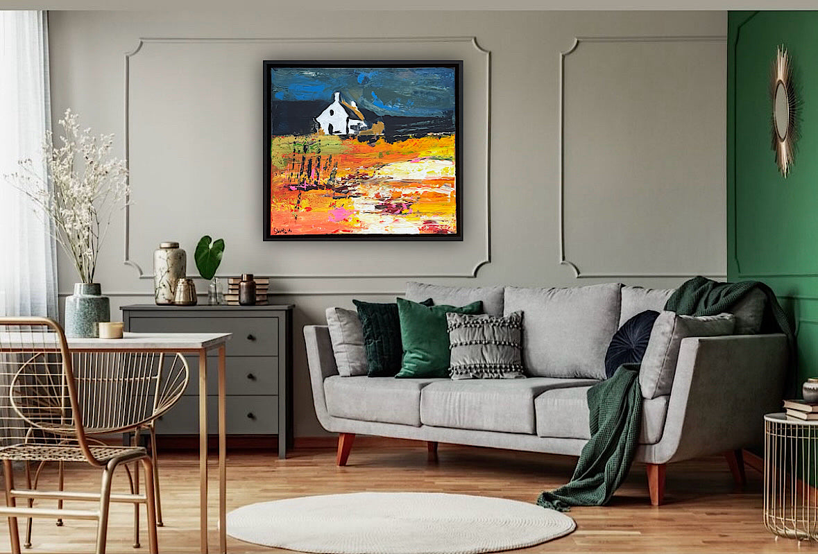 Framed Original Abstract contemporary Oil Painting On Canvas 43x40cm Magazine Irish House on a Hill Oka