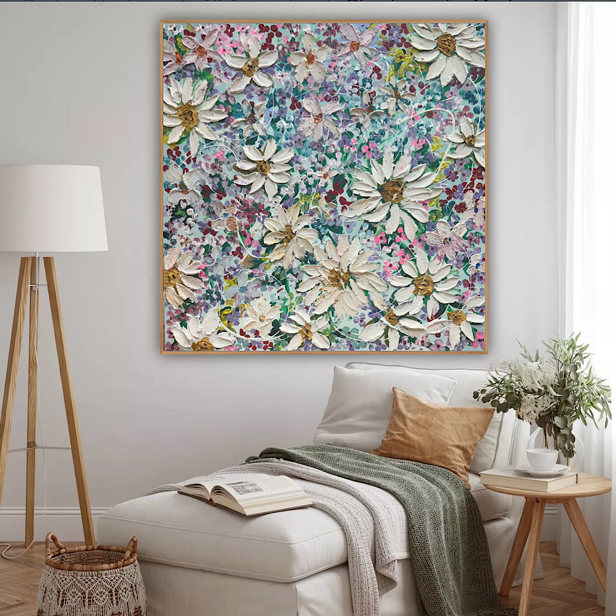 Original Abstract Oil Painting On deep edge Canvas 80x80cm Summer Flowers and more Flowers Textured