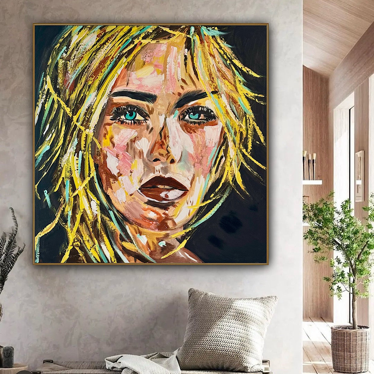 Contemporary Abstract Original Oil Painting On Canvas 90x90cm Blond girl ‘Luna’ woman’s portrait Framed