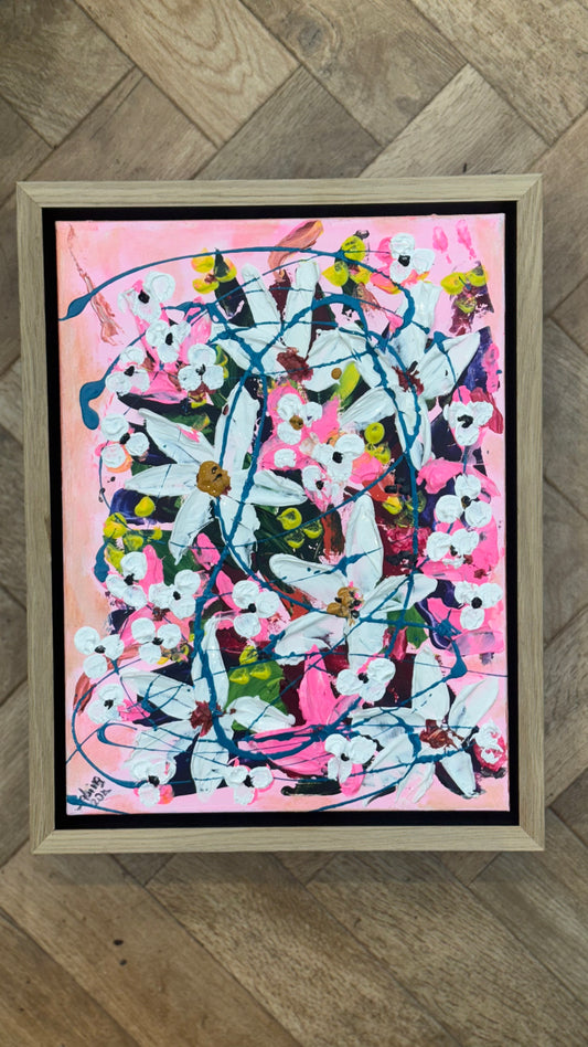 Framed Original Abstract contemporary Oil Painting On Canvas 40 x 30cm white Flowers Oka