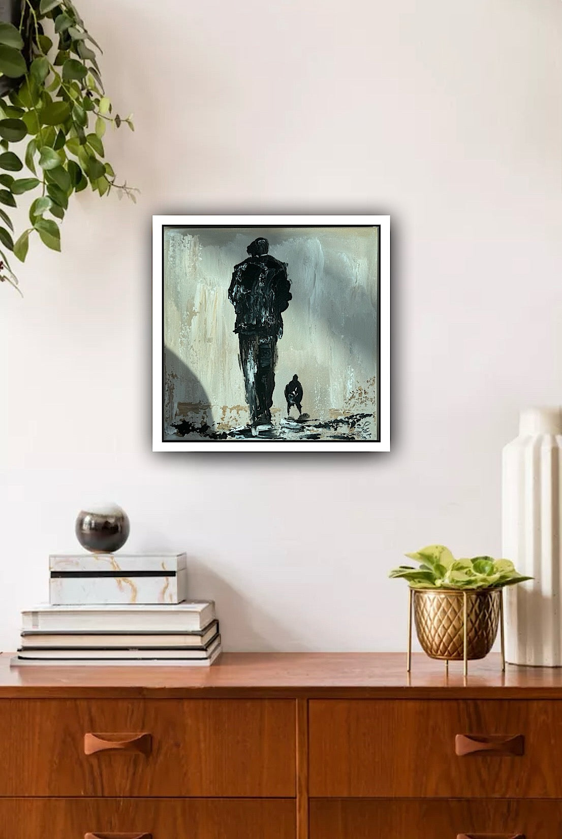 Oka Contemporary Abstract Original Oil Painting on canvas 33 x 33cm textured Pals man with a dog
