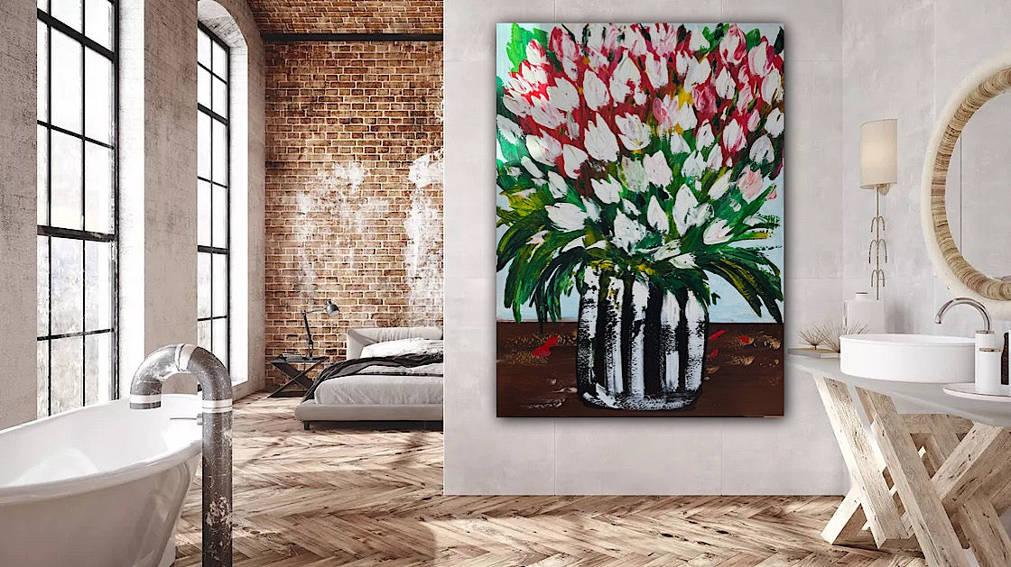 Large Abstract Original Oil Painting On 100x80cm canvas Flowers White Tulips III
