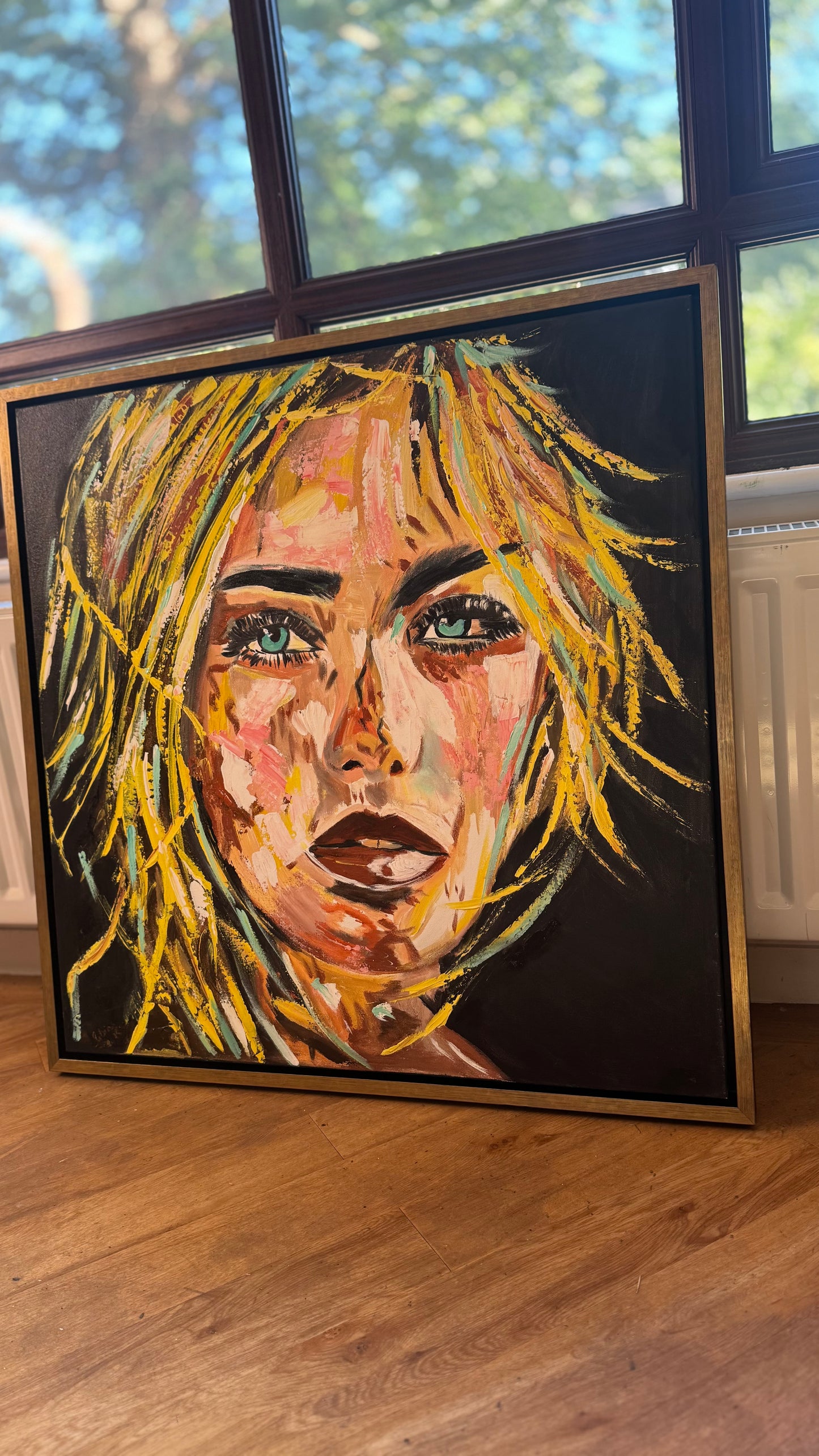 Contemporary Abstract Original Oil Painting On Canvas 90x90cm Blond girl ‘Luna’ woman’s portrait Framed
