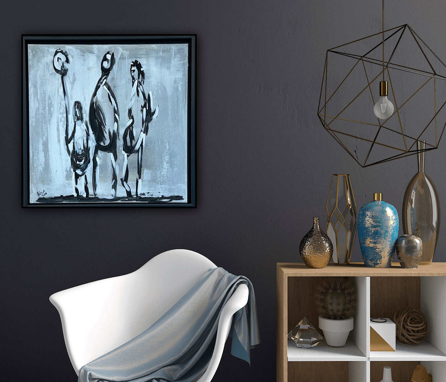Framed in black Figurative Modern Abstract contemporary oil Painting On Canvas 42 x 42cm family