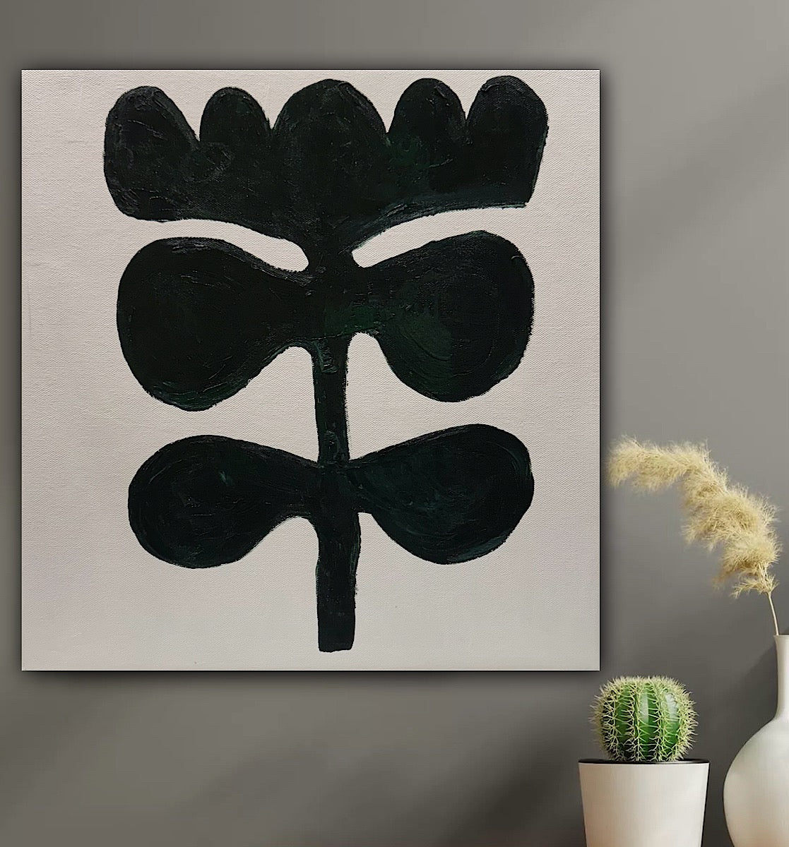Eferi Plant II Green & White Modern Abstract oil Painting On Canvas 40x40cm In Oka floral
