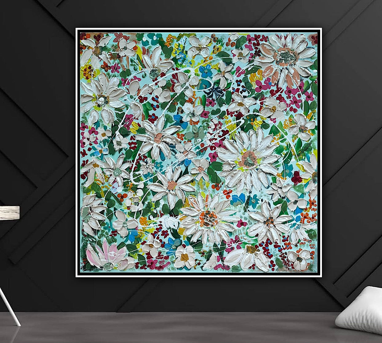 Framed Original Abstract Oil Painting On Canvas 80x80cm Daisies & more Flowers Textured