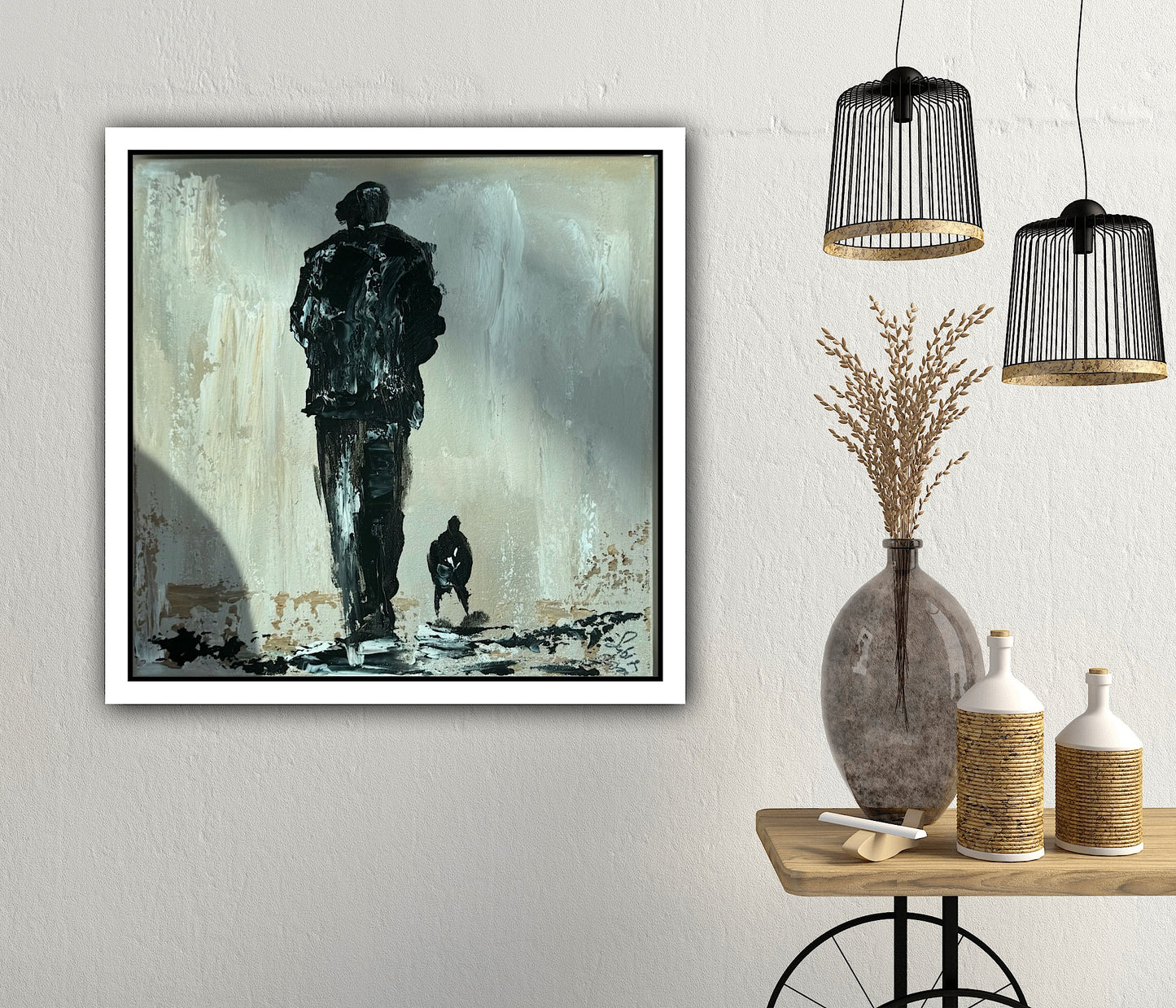 Oka Contemporary Abstract Original Oil Painting on canvas 33 x 33cm textured Pals man with a dog