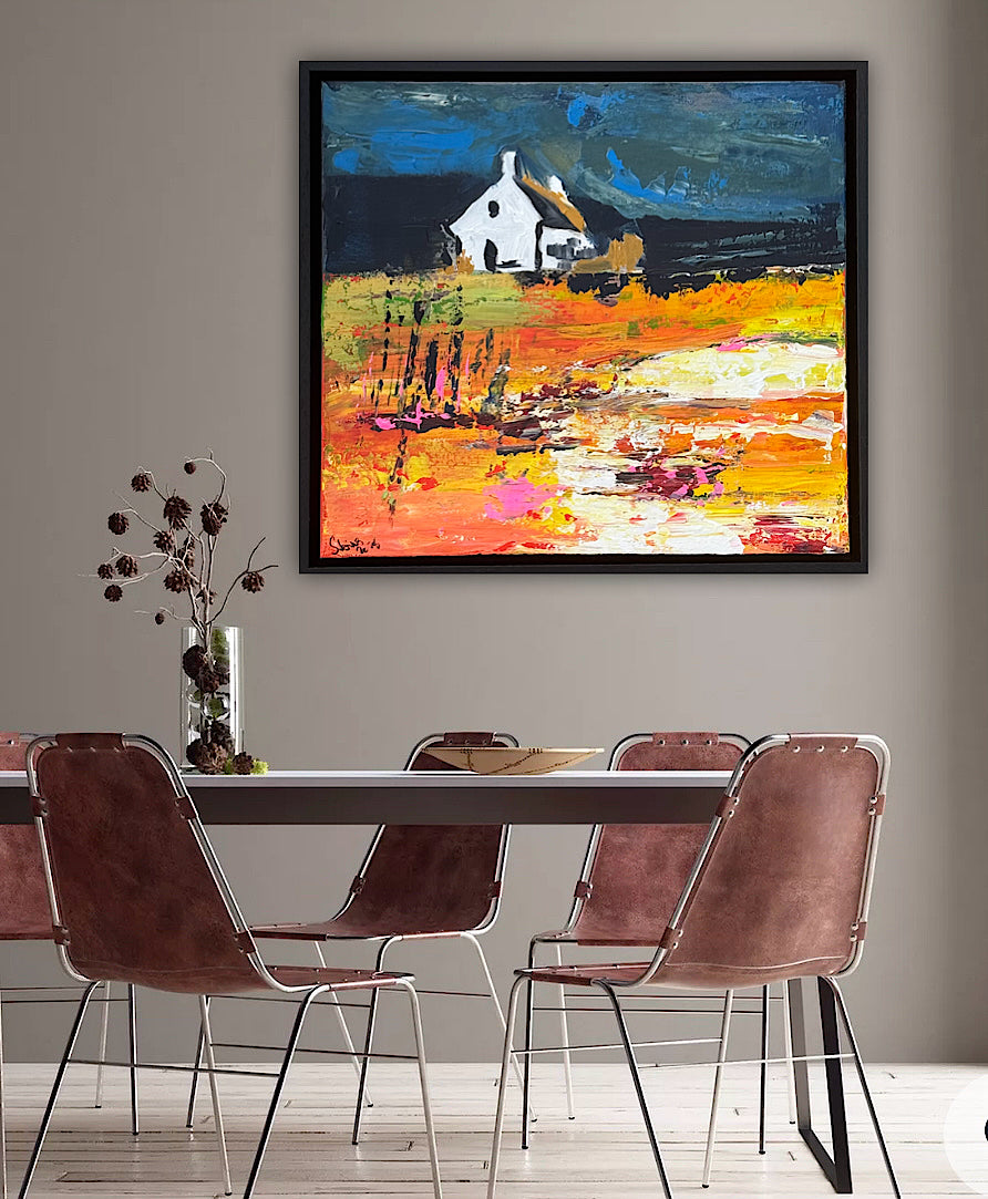 Framed Original Abstract contemporary Oil Painting On Canvas 43x40cm Magazine Irish House on a Hill Oka