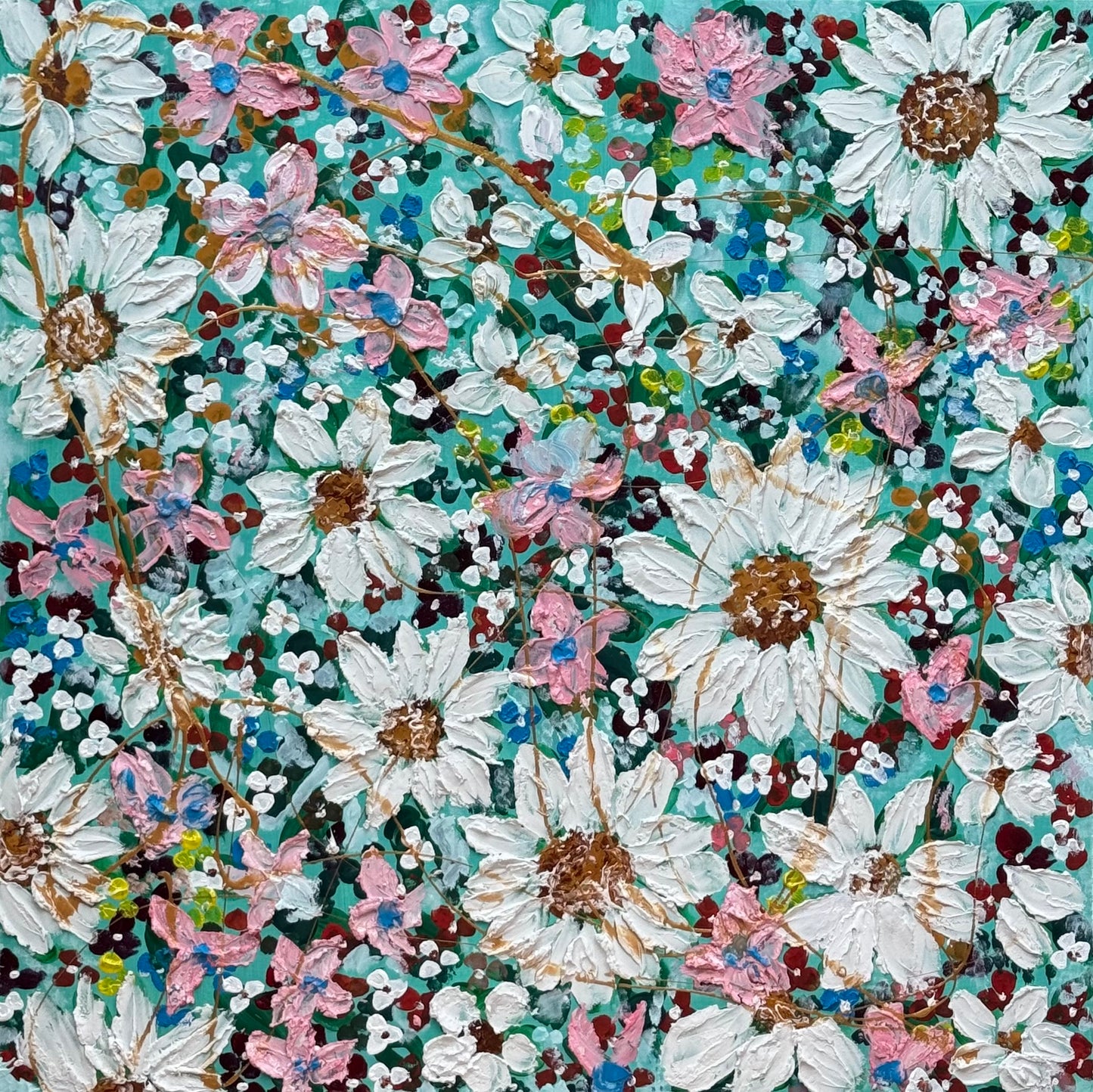 Original Abstract Oil Painting On deep edge Canvas 100x100cm Daisies & more Flowers Textured