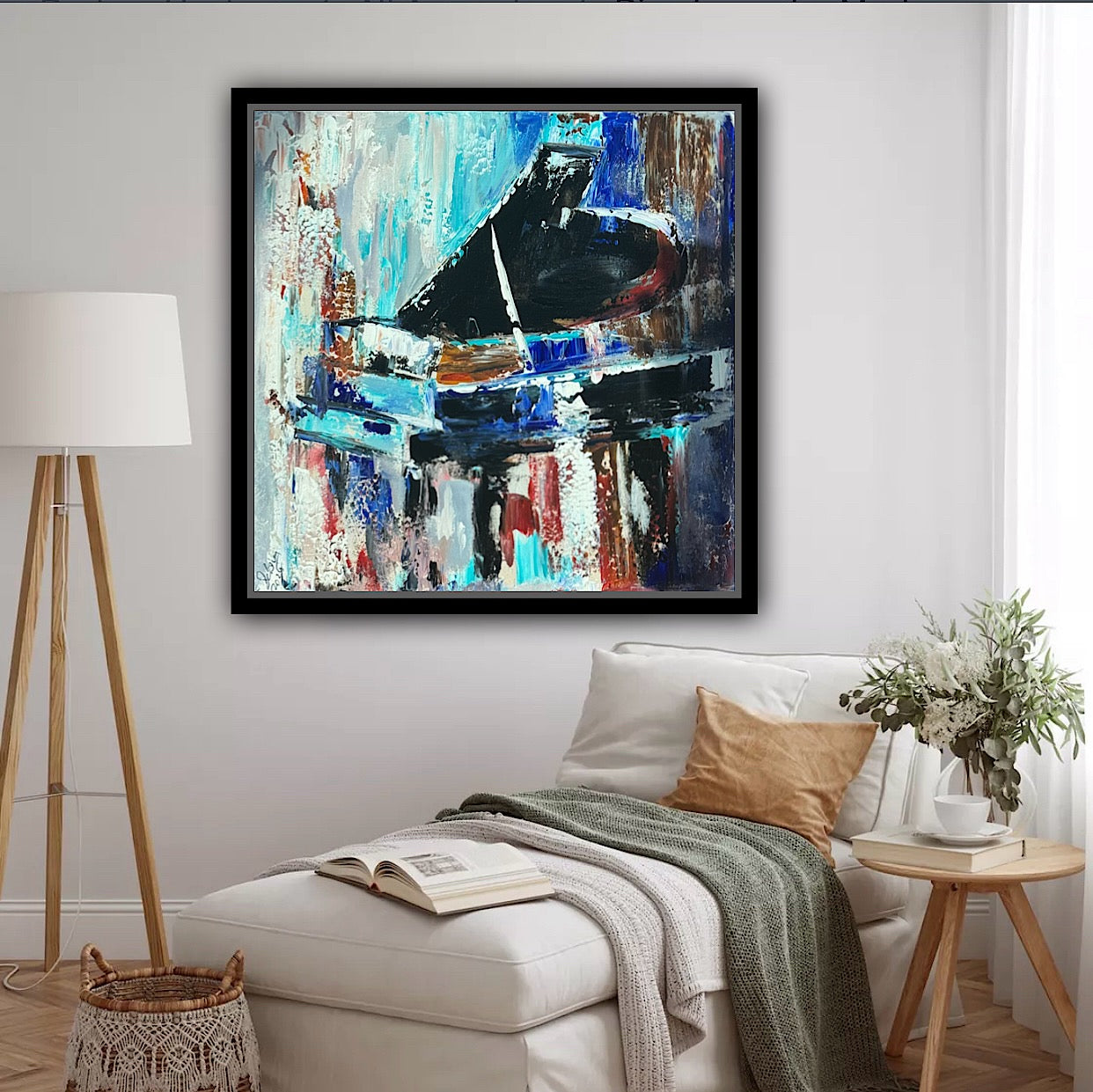 Framed in black Textured Original Abstract Oil Painting On Canvas 55x55cm Black Grand Piano