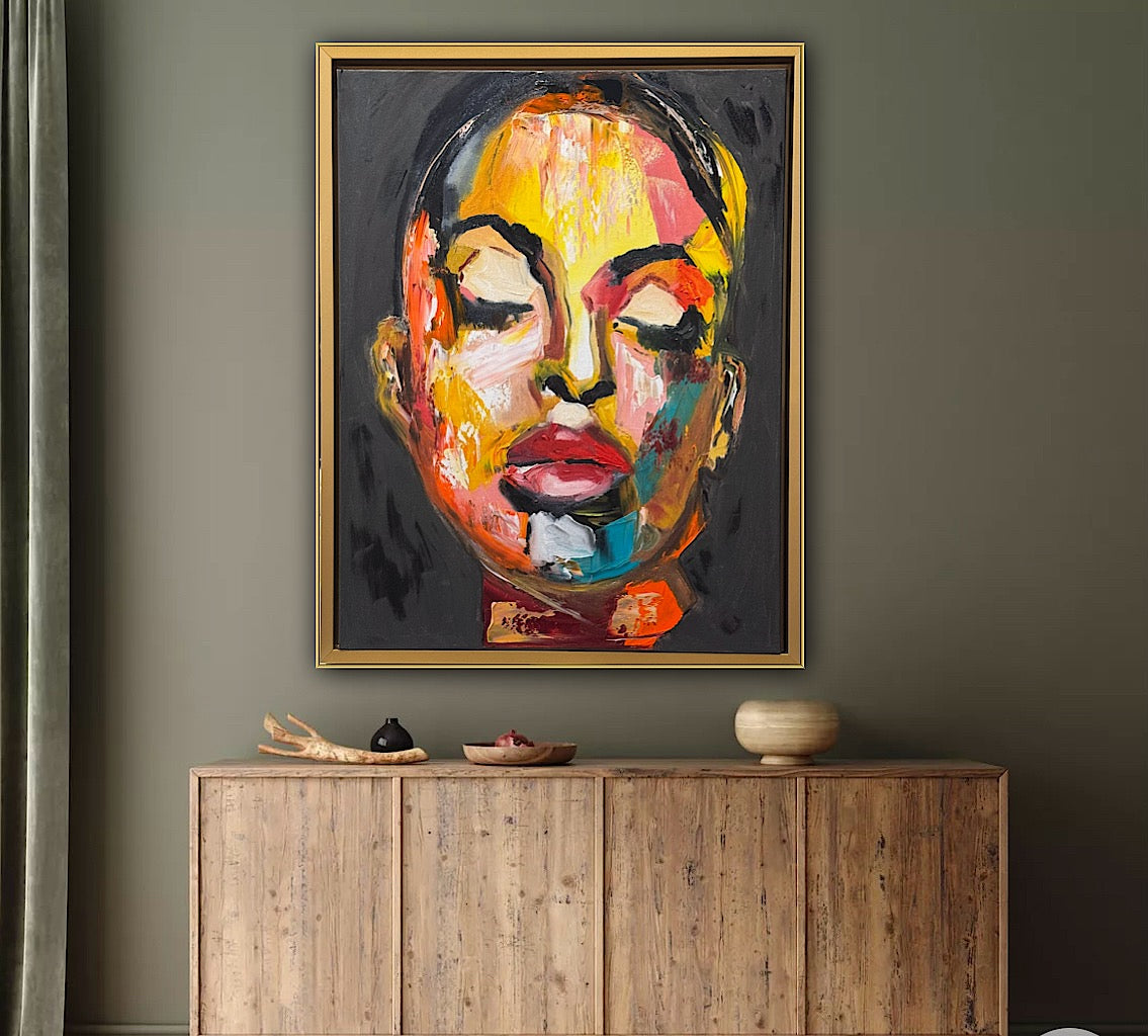 Framed in gold bronze Original Abstract Oil Painting On Canvas 57 x45cm The Beauty Queen’ Girl Oka portrait